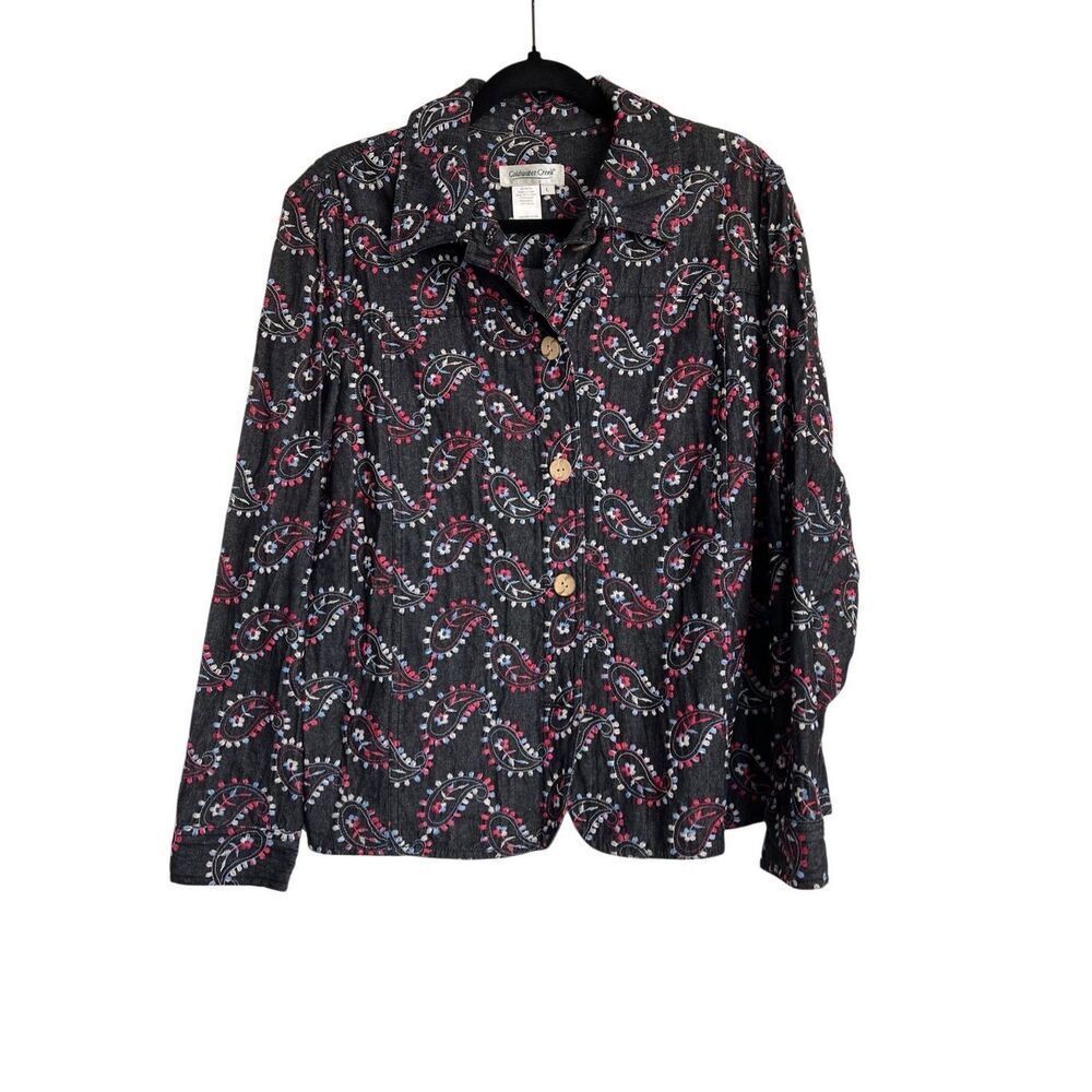Coldwater Creek‎ Denim Shirt Womens Large Black Embroidered Paisley Button Front